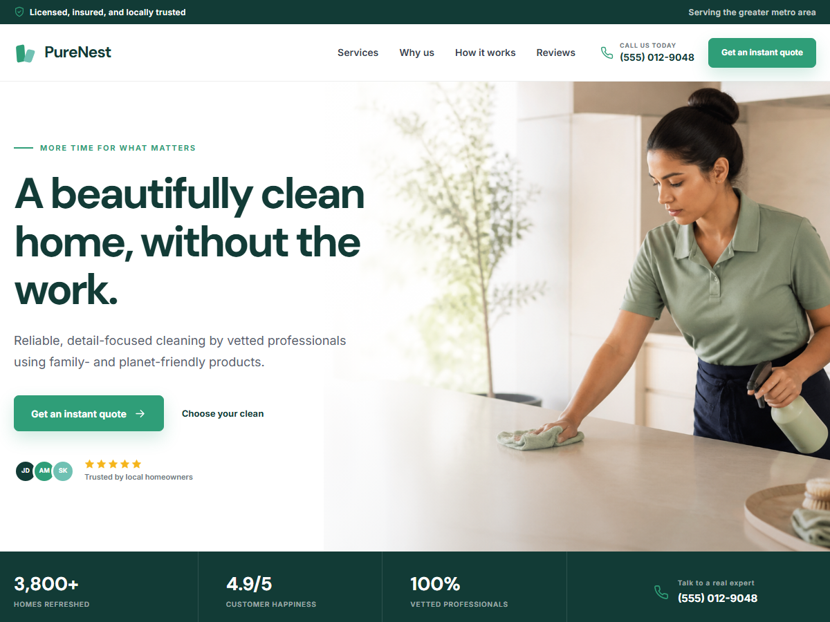 PureNest, demo Cleaning pentru tema Werkora